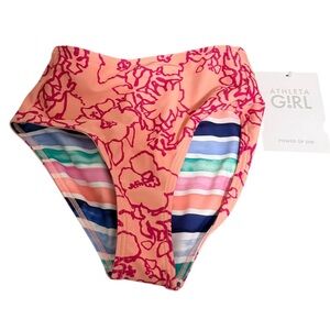 Athleta Girl REVERSIBLE HIGH RISE BIKINI BOTTOM Girl’s XS 6 Orange Pink Striped